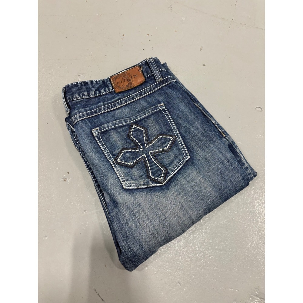 Helix Mens Bootcut Jeans 38x30 Blue Denim Cross Back Pockets Y2K Contrast Stitch